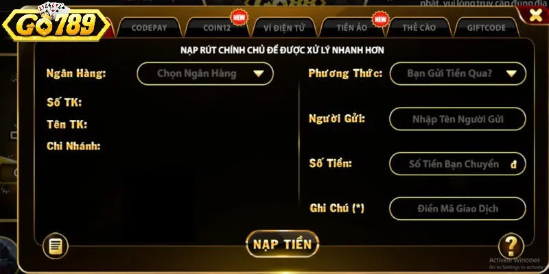 Hướng dẫn nạp tiền vào tài khoản Go789 an toàn - nhanh chóng